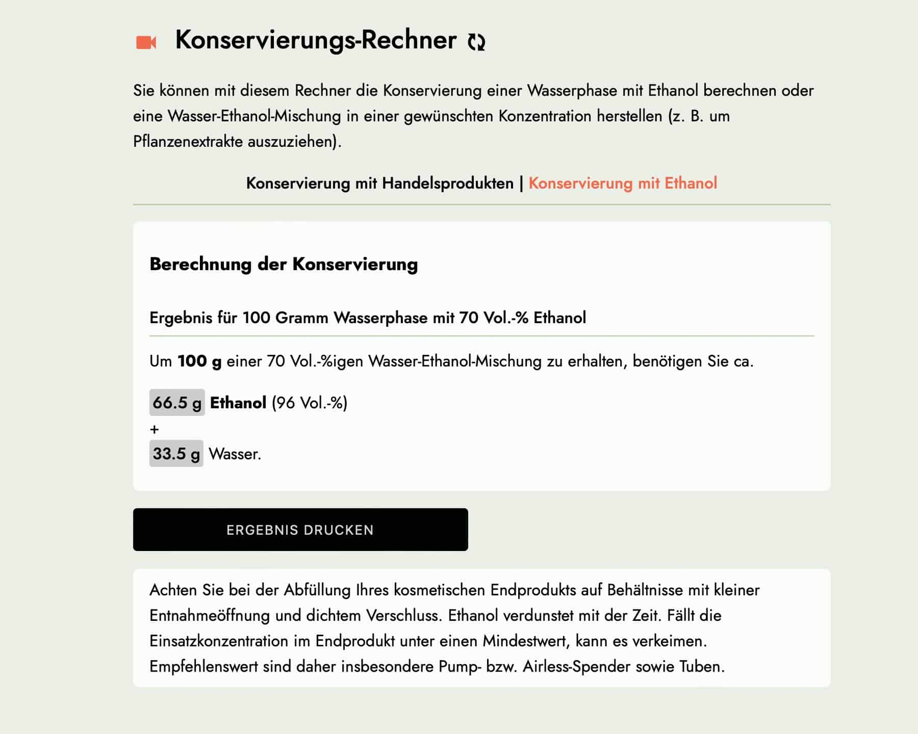 Konservierungs-Rechner für Wasserphase mit Ethanol, alle Ergebnisse in Gramm