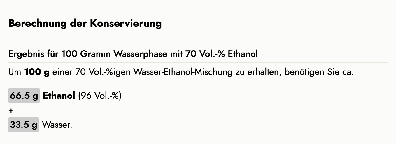 Ethanol-Wasser Mischung Berechnung für Konservierung.