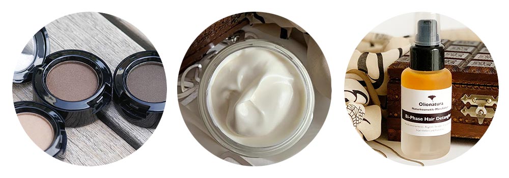 Kosmetikprodukte: Lidschatten, Gesichtscreme und Haarpflege