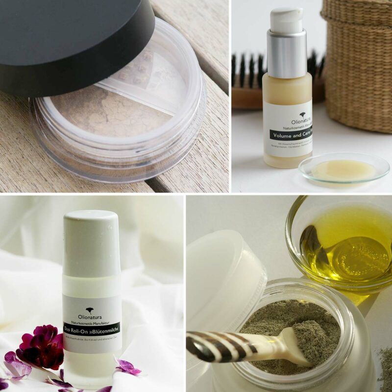 Impressionen aus dem E-Book »Naturkosmetik selbst gemacht« von Heike Käser: Mineral Foundation, Volume & Care Finisher, Deo-Roll-On »Blütenmilch«, Herbal Power Mark Base