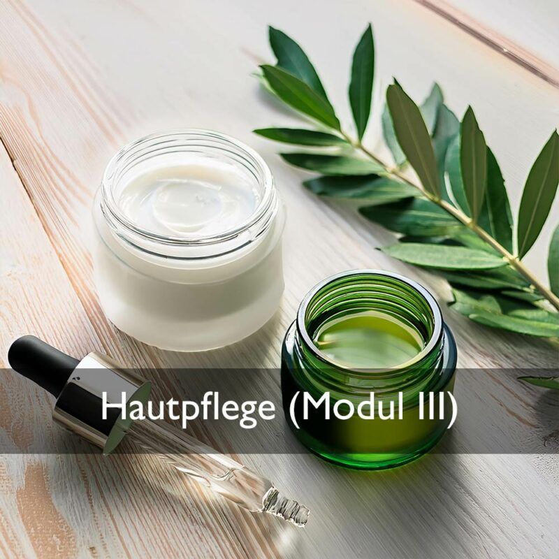 Olionatura-Seminar Modul III: Zwei Emulsionen in Glastiegeln mit Olivenzweig und Glaspipette auf einem Holztisch